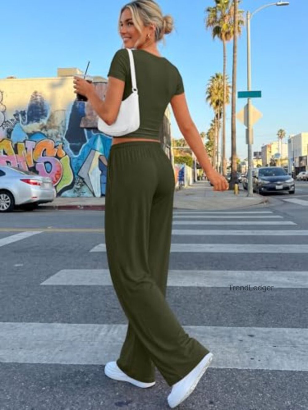 2 Piece Matching Summer Sweatsuit Lounge Set Side Ruching Top Wide Leg Pants - Picture 4 of 7